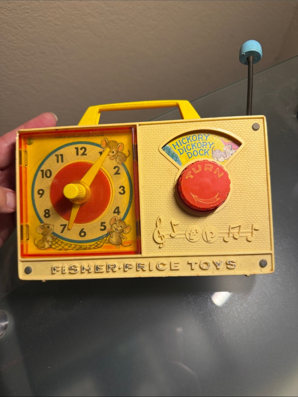 Vintage Working 1960-1970 Fisher-Price Yellow Musical Clock Toy with Red Dial